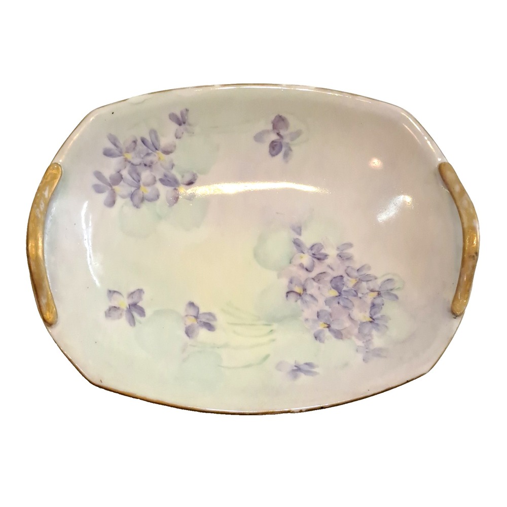 Vintage Porcelain Dresser Tray Soap Dish Violets Gold Trim 7x5.5" Oval Romantic